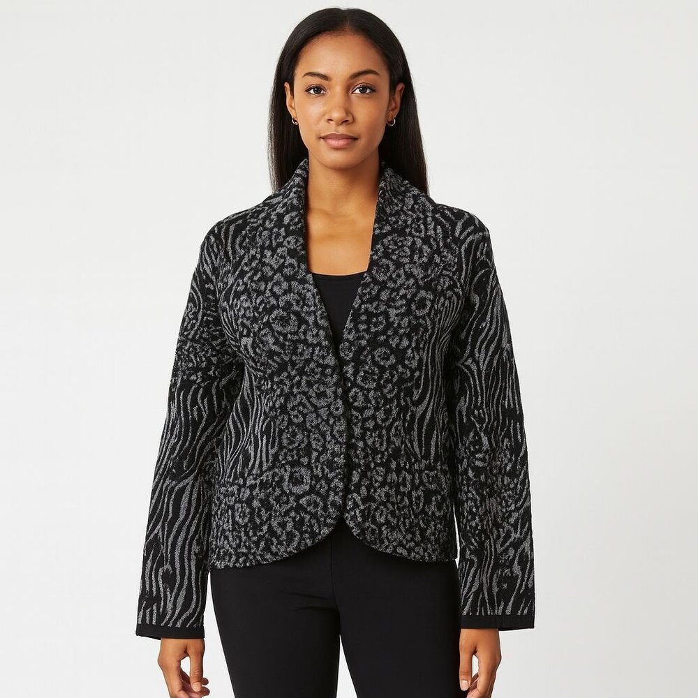 Style & Co Cardigan Sweater Animal Print Size XL Black Gray Safari Knit Jacket